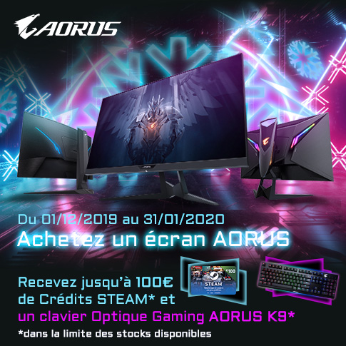 Achetez un écran AORUS, recevez jusqu'à 100€ de coupons Steam et un clavier AORUS K9 !